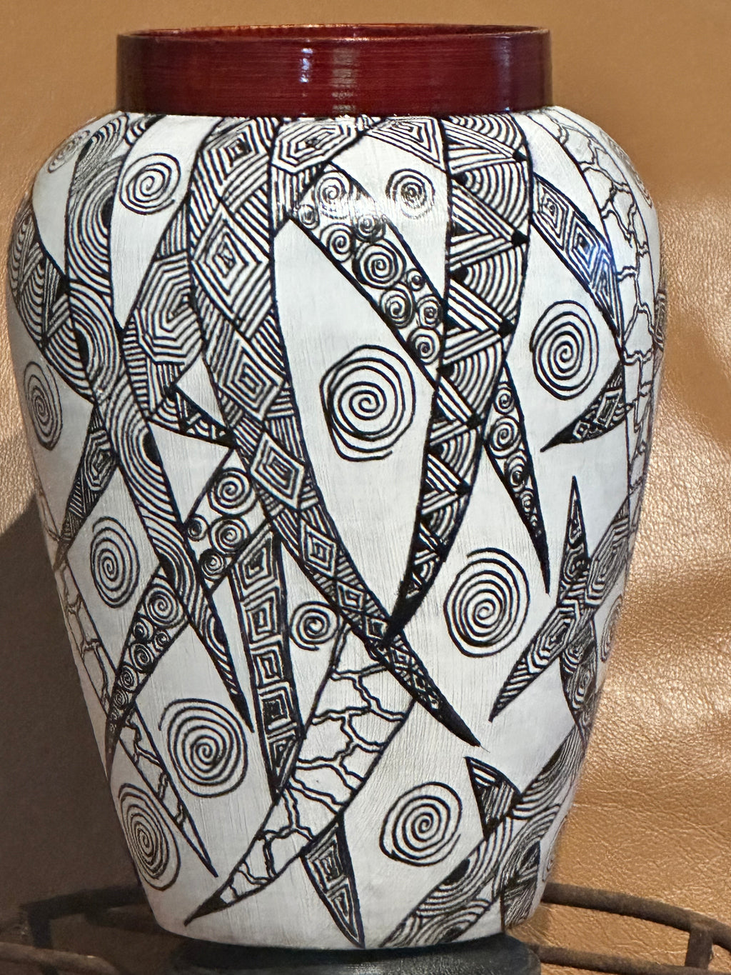 Decorative Vase with Red Lacquer Trim