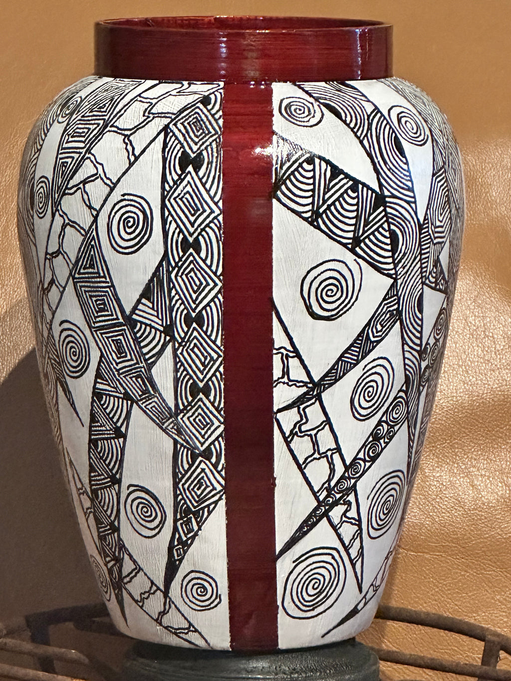 Decorative Vase with Red Lacquer Trim