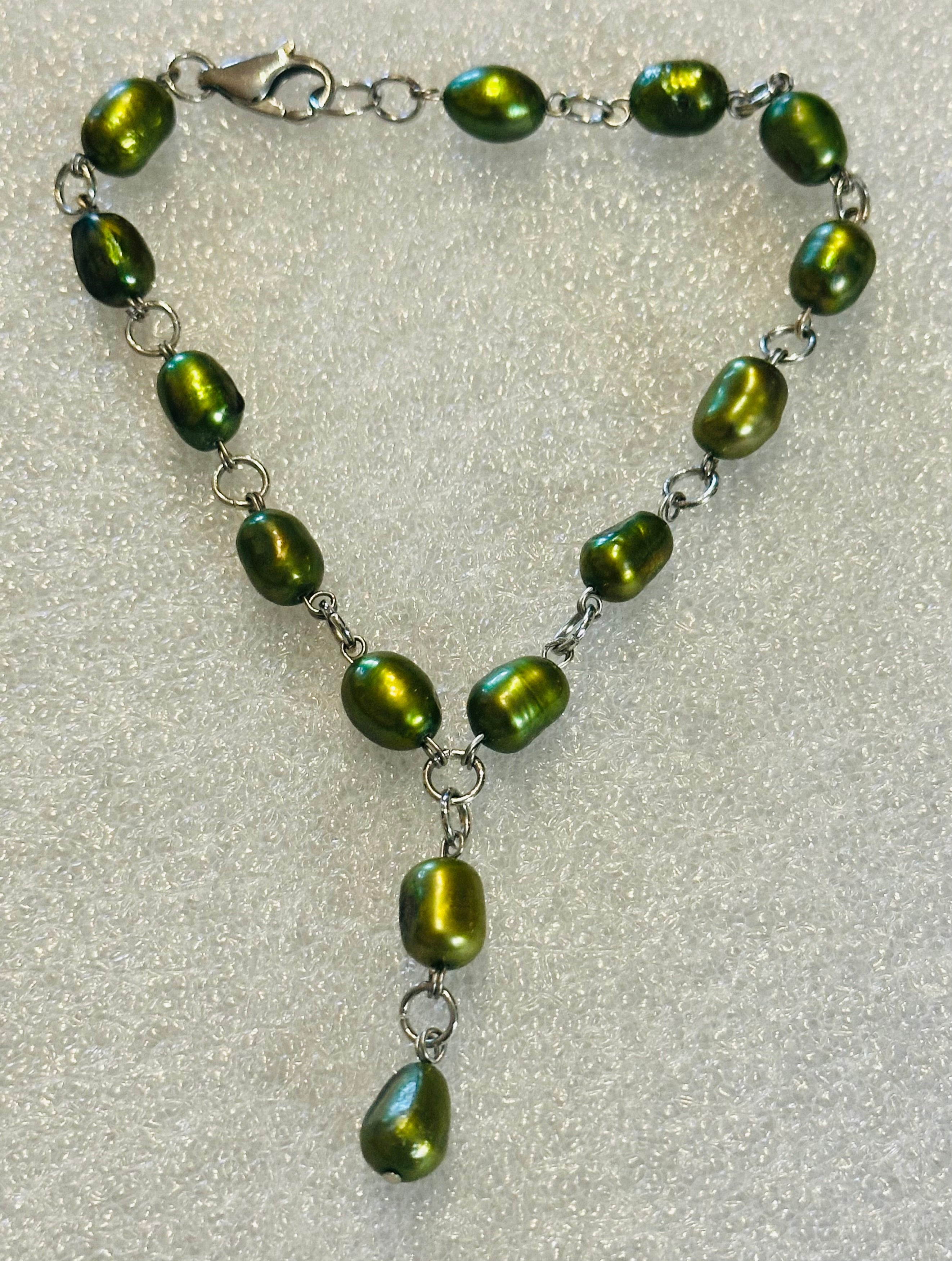 Iridescent Green Pearl Anklet with Dangle (2)
