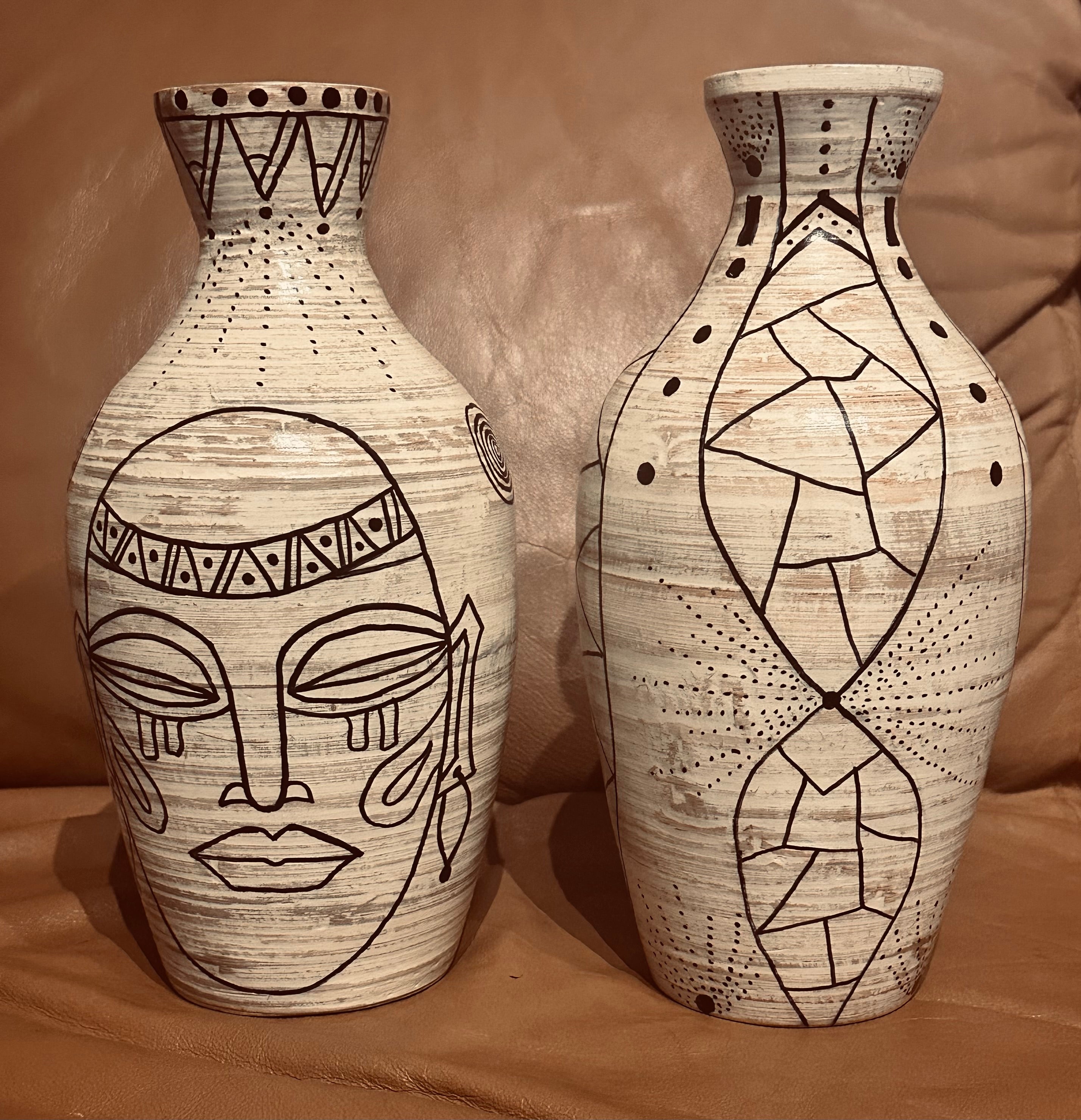 Pair of White Bamboo Vases with Mask and Decoration