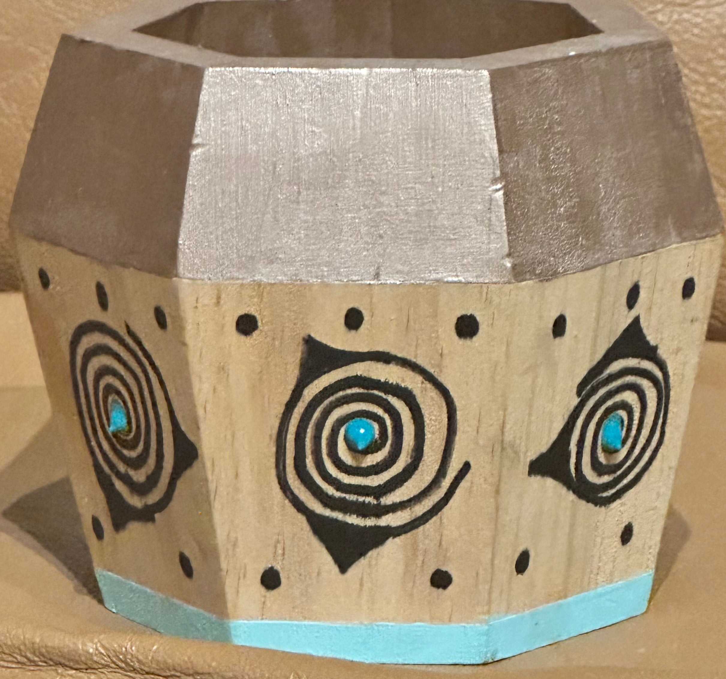 Hexagonal Wooden Pot with Champagne and Turquoise Accents