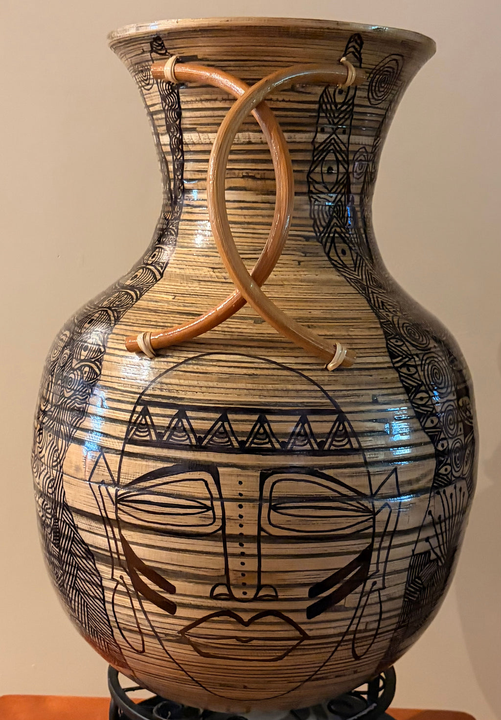 Large Bamboo Pot with 4 Masks and Handles