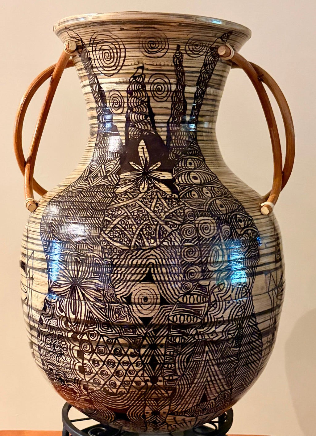 Large Bamboo Pot with 4 Masks and Handles