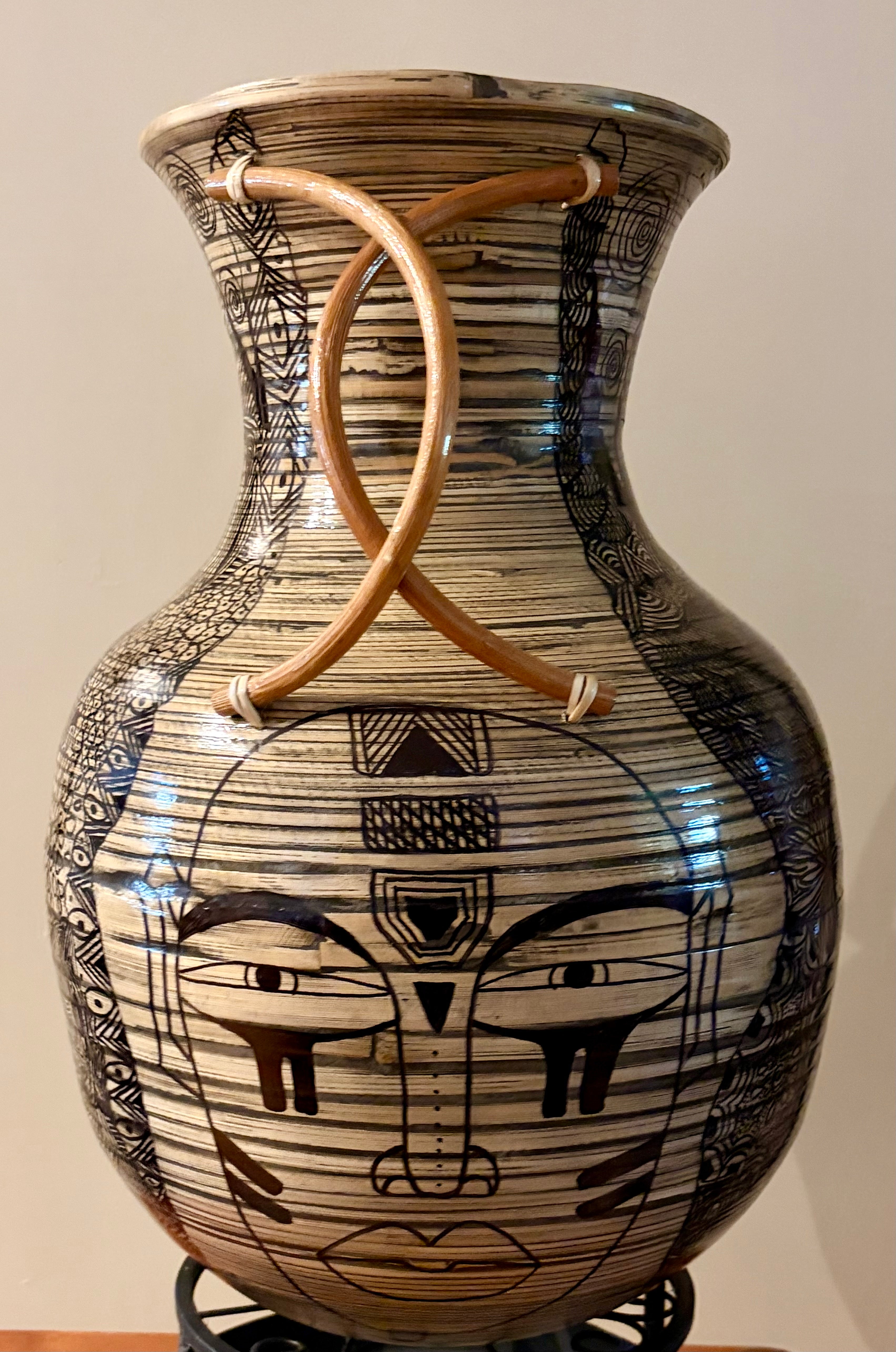 Large Bamboo Pot with 4 Masks and Handles