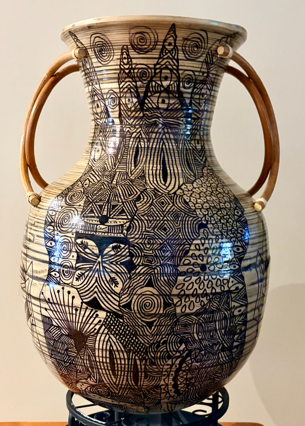 Large Bamboo Pot with 4 Masks and Handles