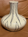 White Ceramic Vase with Tall Neck and Pot Belly, Black Details