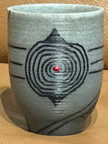 Blue Gray Cup with Designs and Red Dot