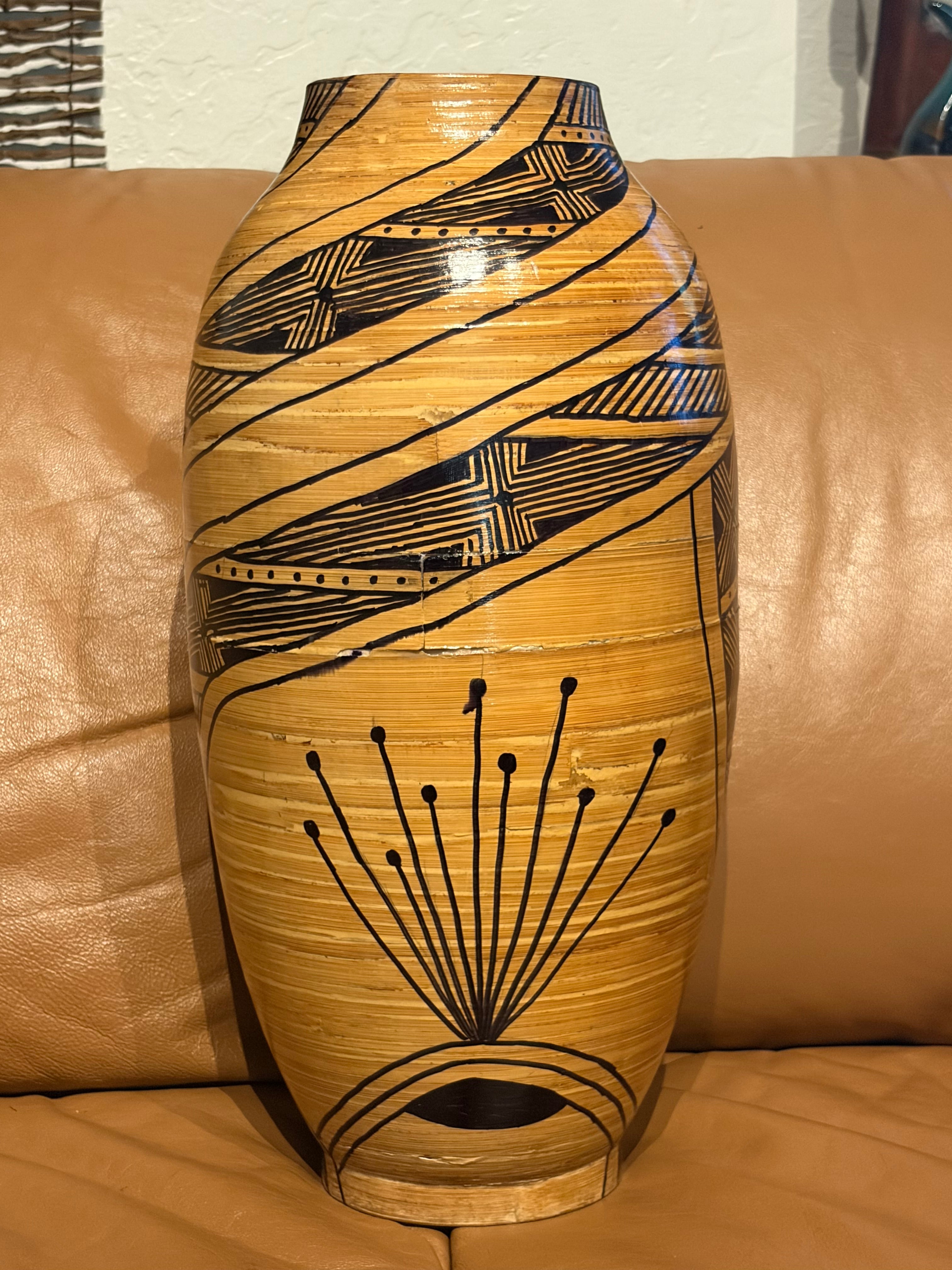 Large Bamboo Vase with African Designs and Starburst