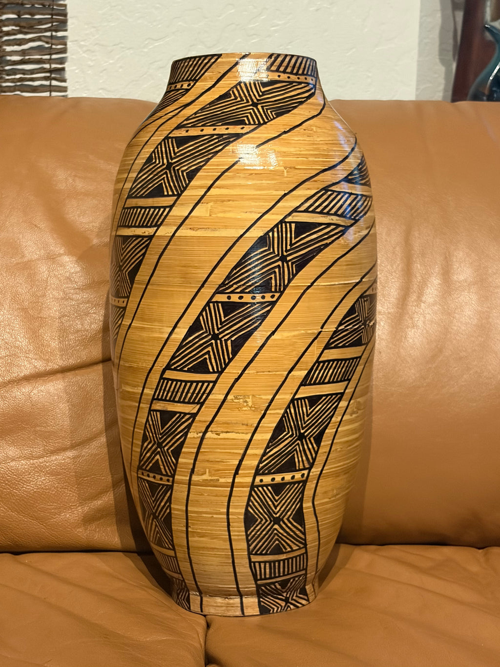 Large Bamboo Vase with African Designs and Starburst