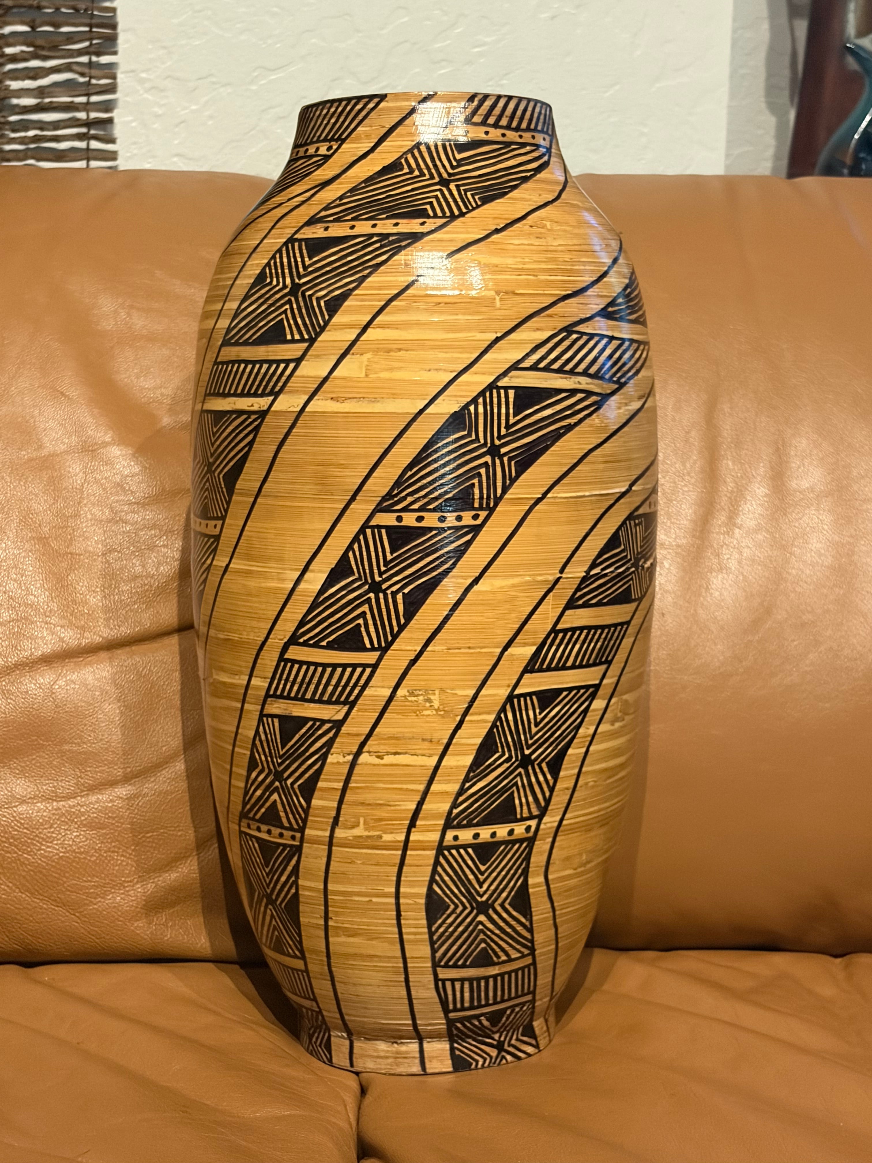 Large Bamboo Vase with African Designs and Starburst