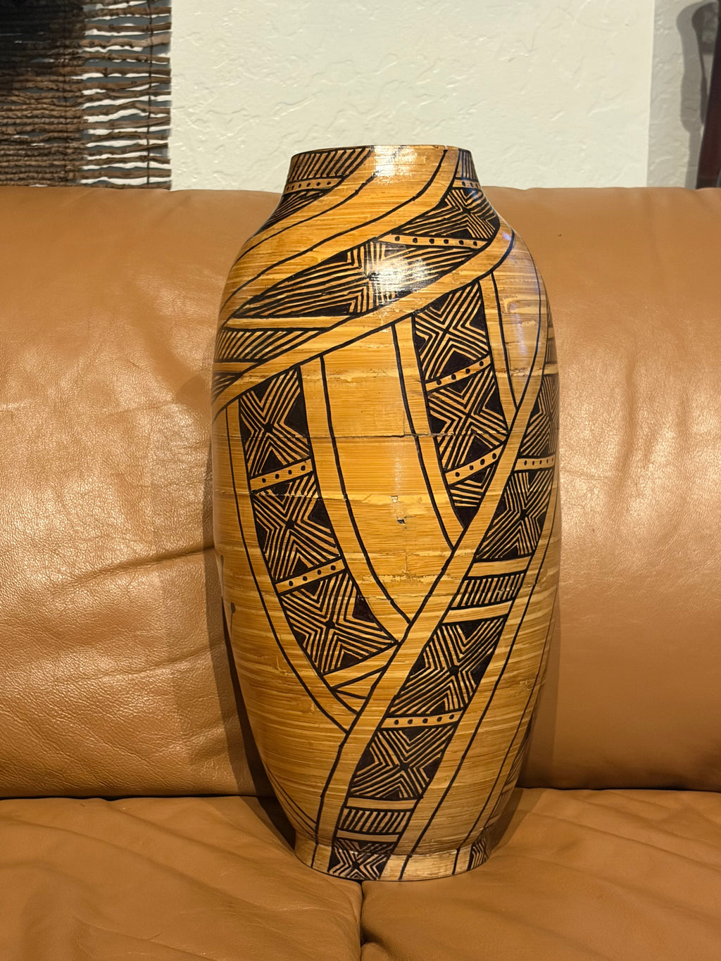 Large Bamboo Vase with African Designs and Starburst