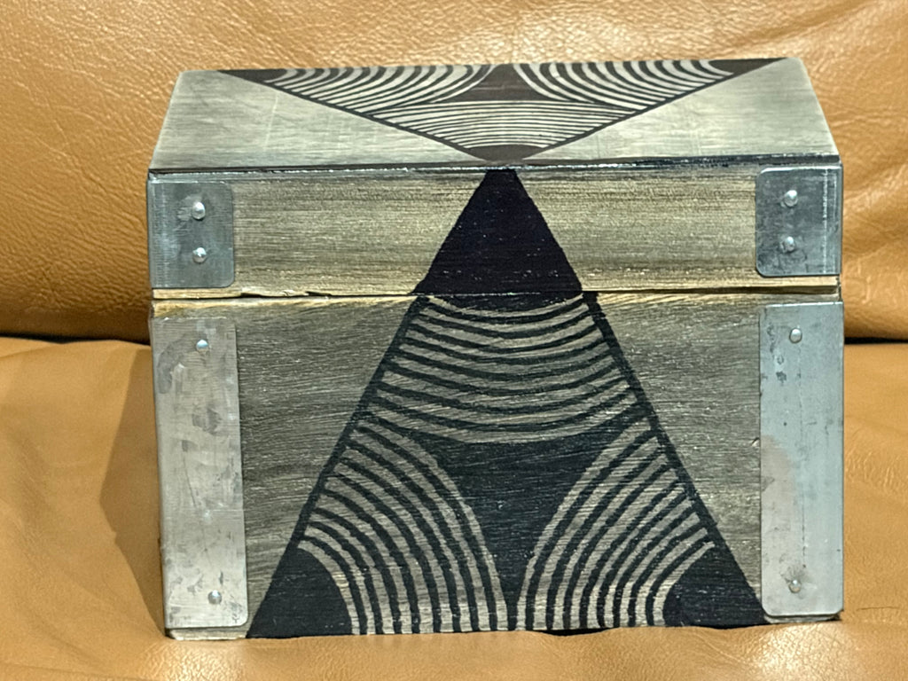 Gray Wooden Box with Pyramid Designs
