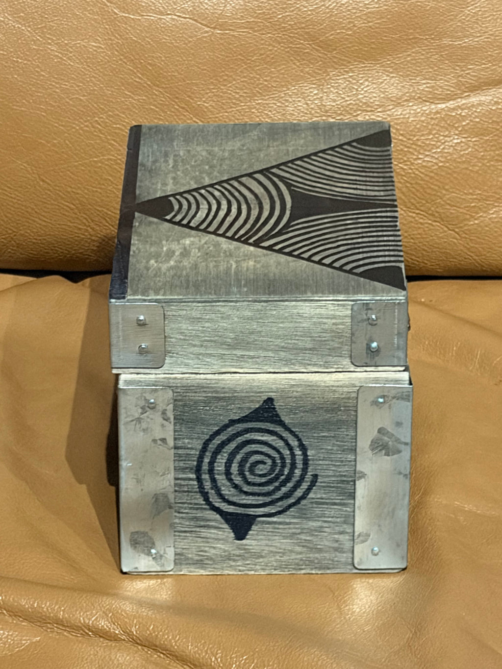 Gray Wooden Box with Pyramid Designs