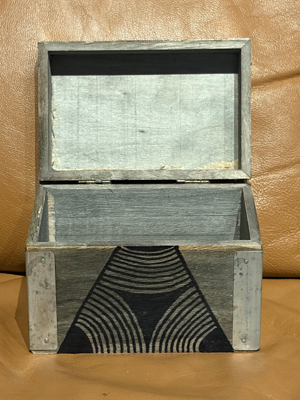 Gray Wooden Box with Pyramid Designs