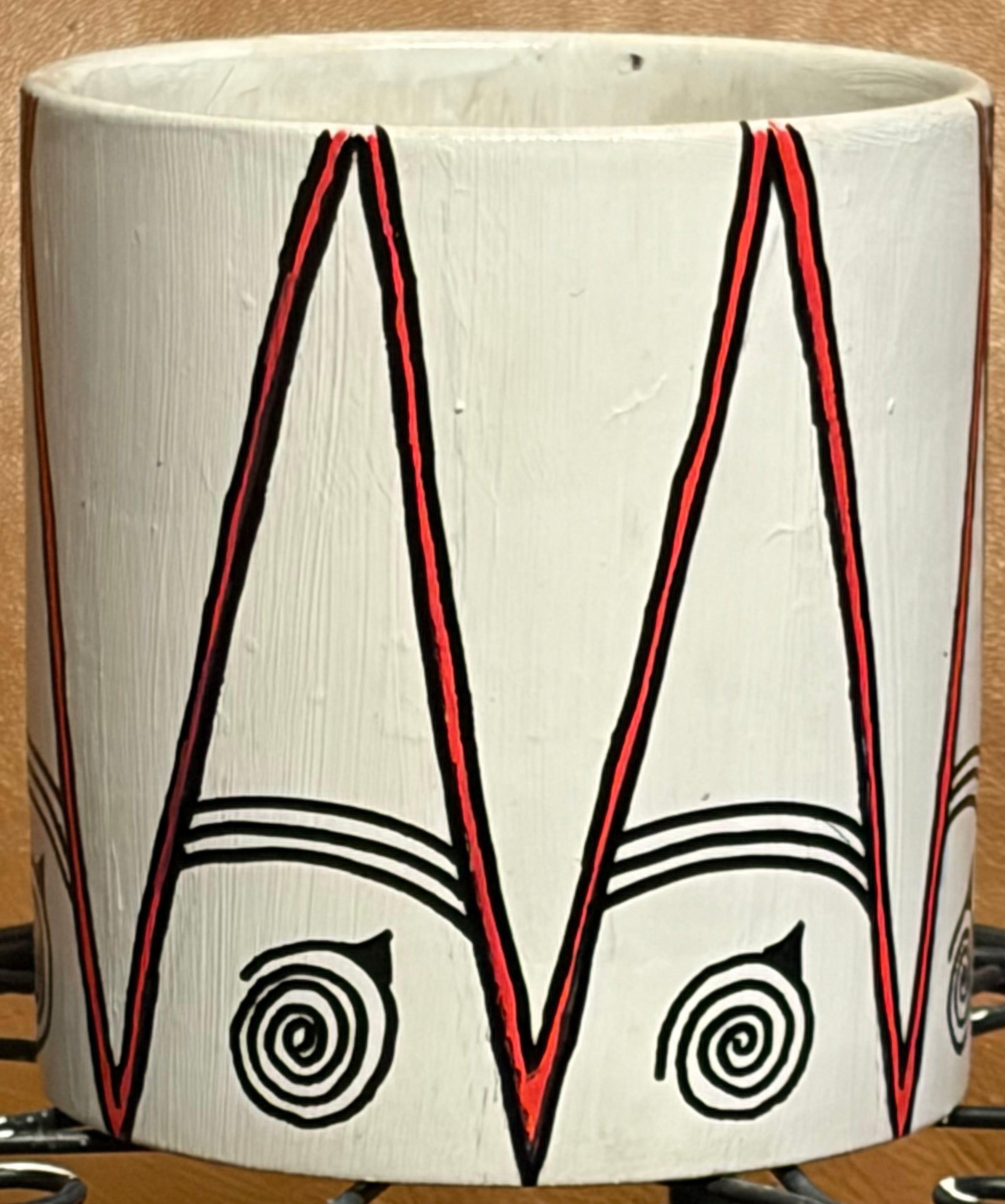 Glass Pot with Inverted Red V's and Swirls